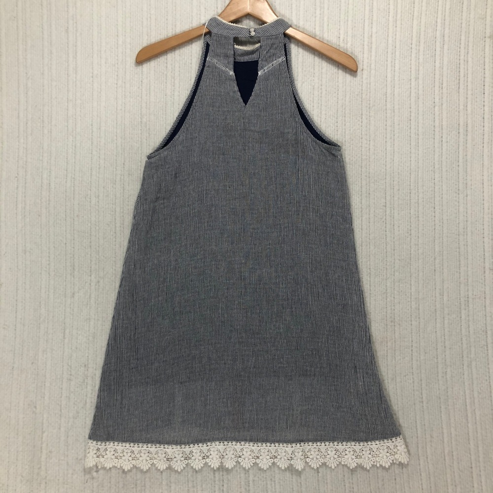 Stripe Halter‎ Dress Embroidered Lace Trim Blue White Red Cotton Blend Size S - Picture 5 of 7